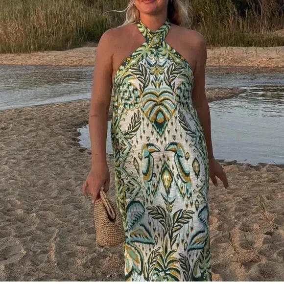 FARM Rio Tropical Tapestry Halter Linen Maxi Dress - Picture 2 of 7